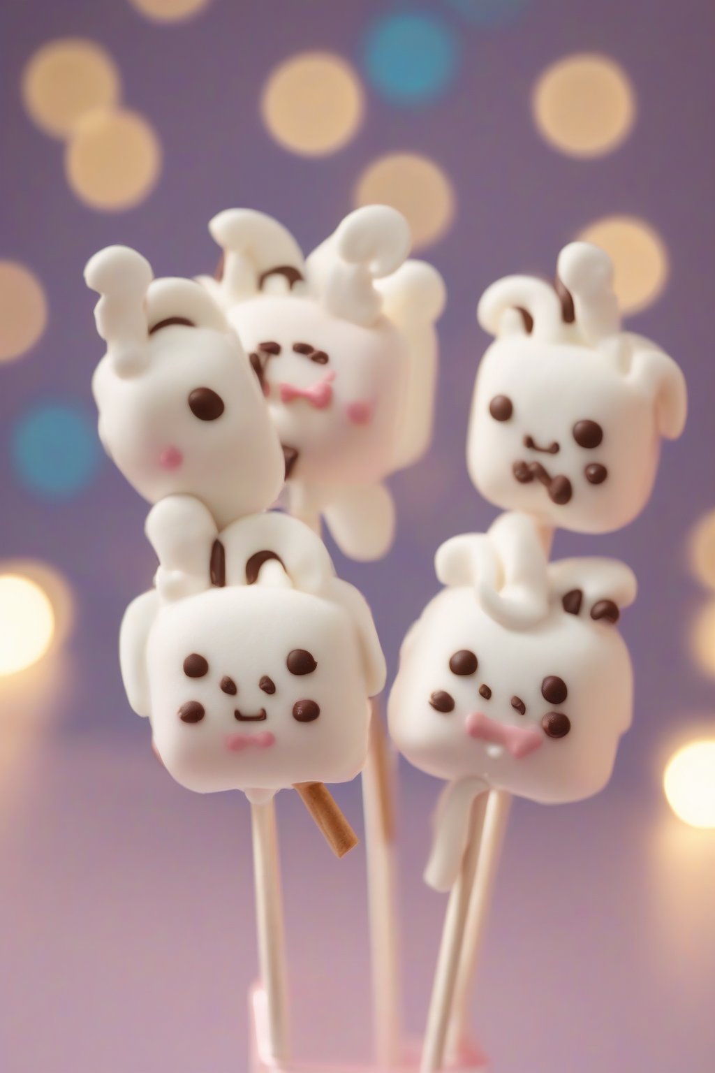 A high-resolution close-up photo of chocolate-dipped Cinnamoroll marshmallow pops under soft lighting.