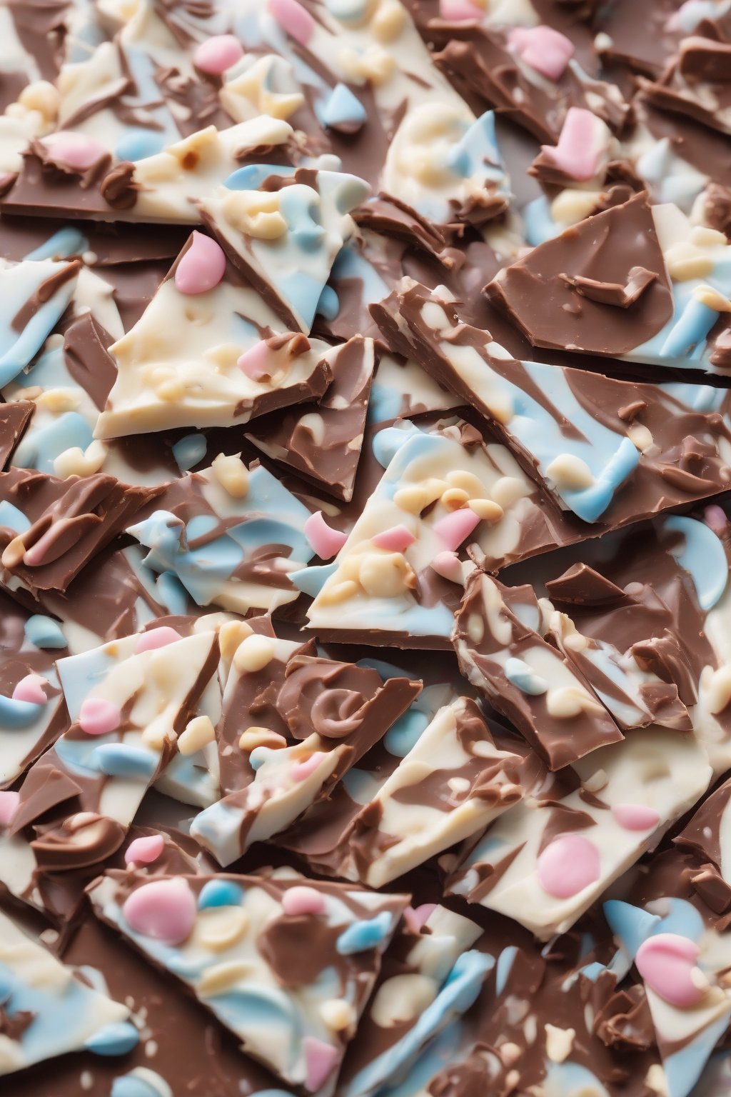 A high-resolution close-up photo of swirled Cinnamoroll chocolate bark shards under soft lighting.