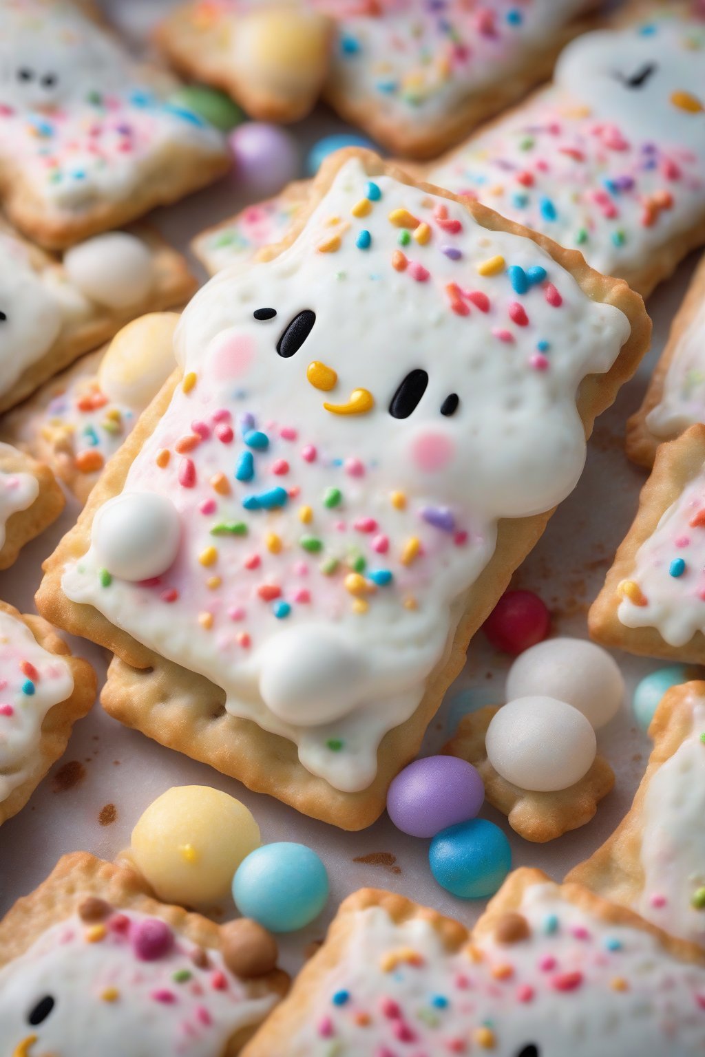 A high-resolution close-up photo of frosted Cinnamoroll pop tarts with ear accents under soft lighting.