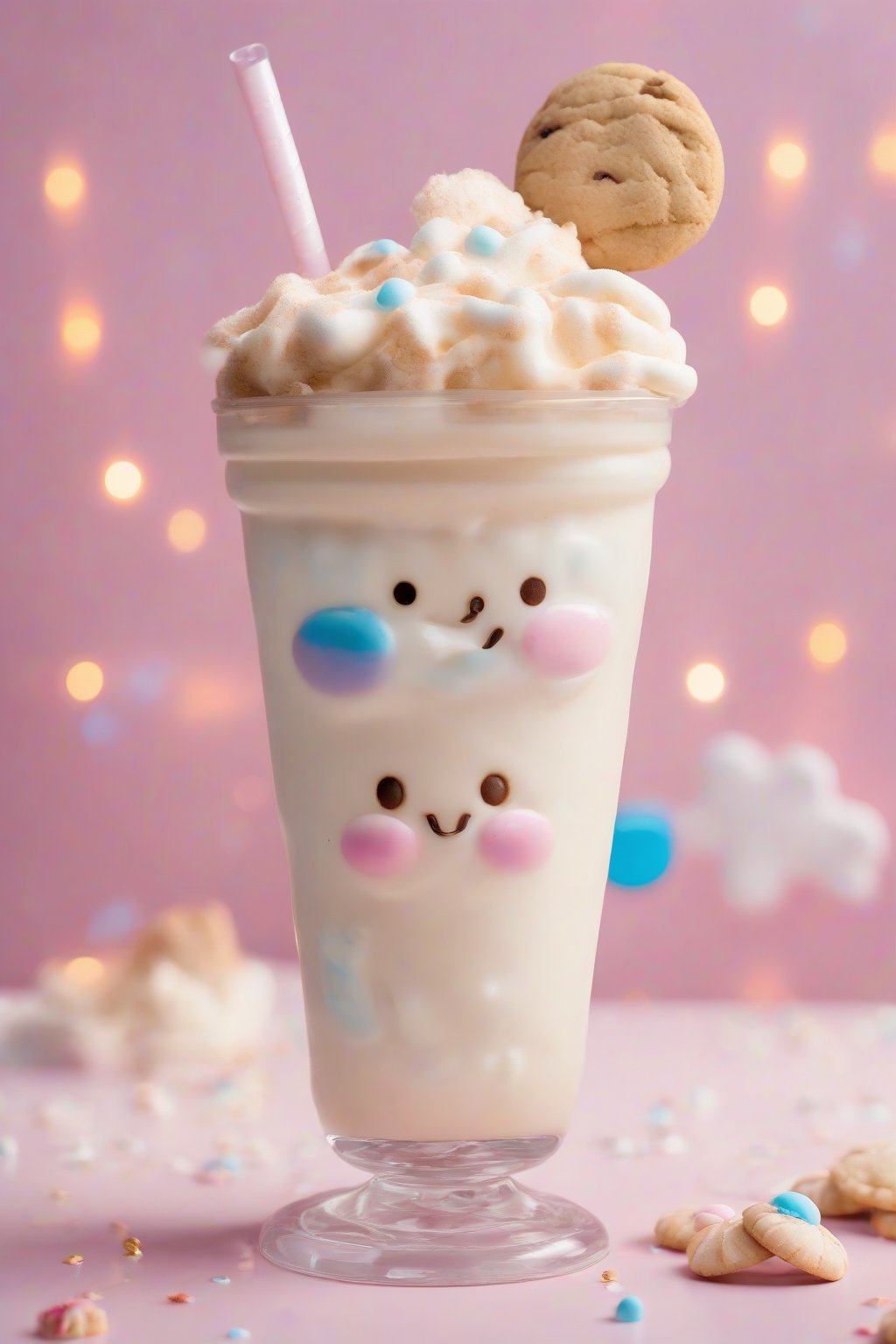 A high-resolution close-up photo of creamy Cinnamoroll milkshake floats with cookie ears under soft lighting.
