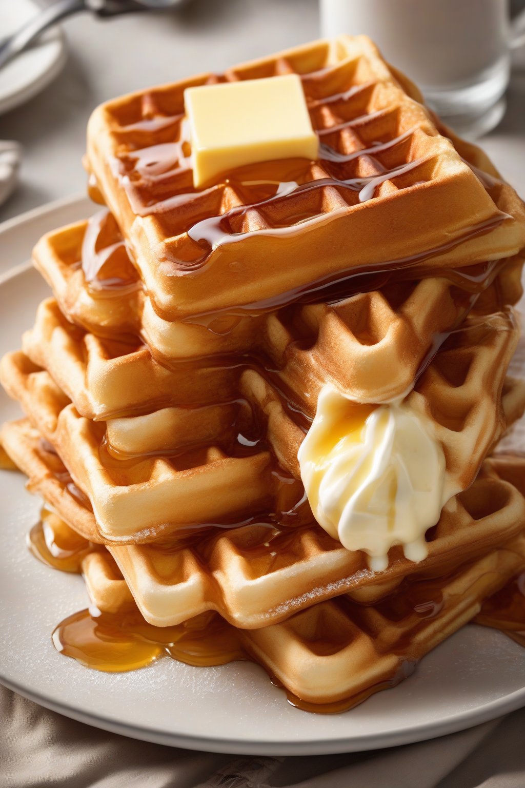 A high-resolution photo of golden, fluffy classic Belgian waffles stacked high, topped with butter and syrup, under soft lighting.
