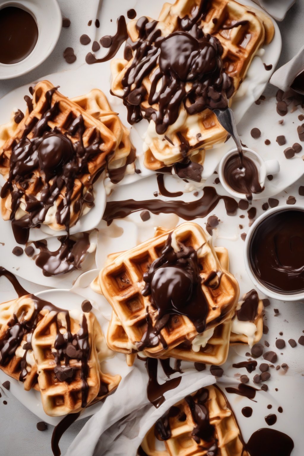 A high-resolution photo of fluffy Belgian waffles studded with melted chocolate chips, drizzled with chocolate sauce, under soft lighting.