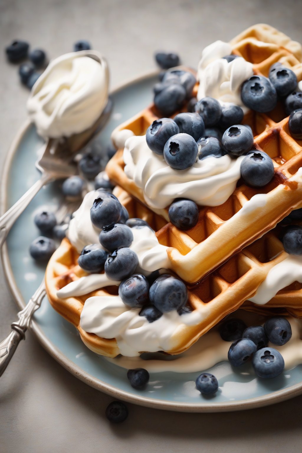 A high-resolution photo of fluffy Belgian waffles topped with fresh blueberries and whipped cream, under soft lighting.