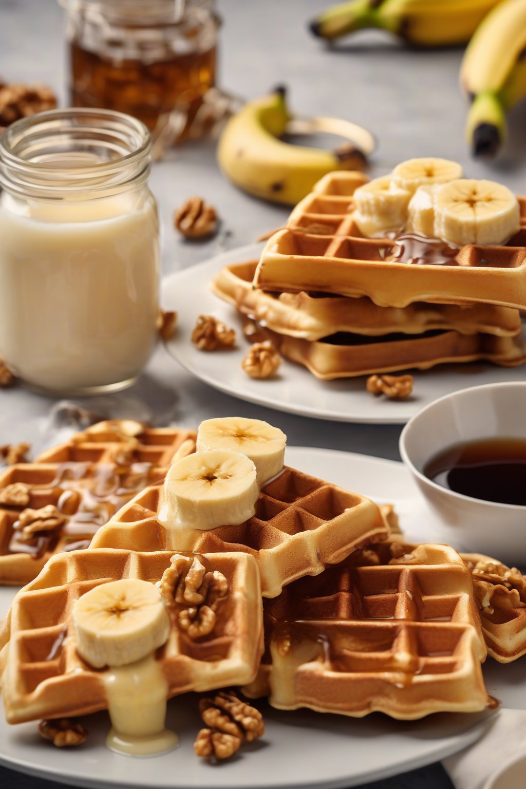 A high-resolution photo of golden Belgian waffles with banana slices and walnuts, syrup pooling in pockets, under soft lighting.