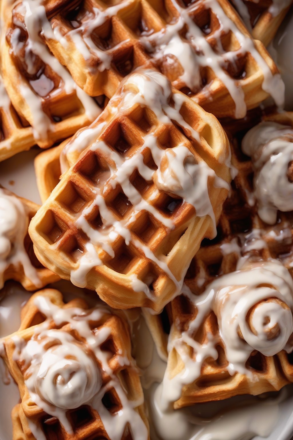 A high-resolution photo of fluffy cinnamon roll Belgian waffles glazed with icing, cinnamon swirls visible, under soft lighting.