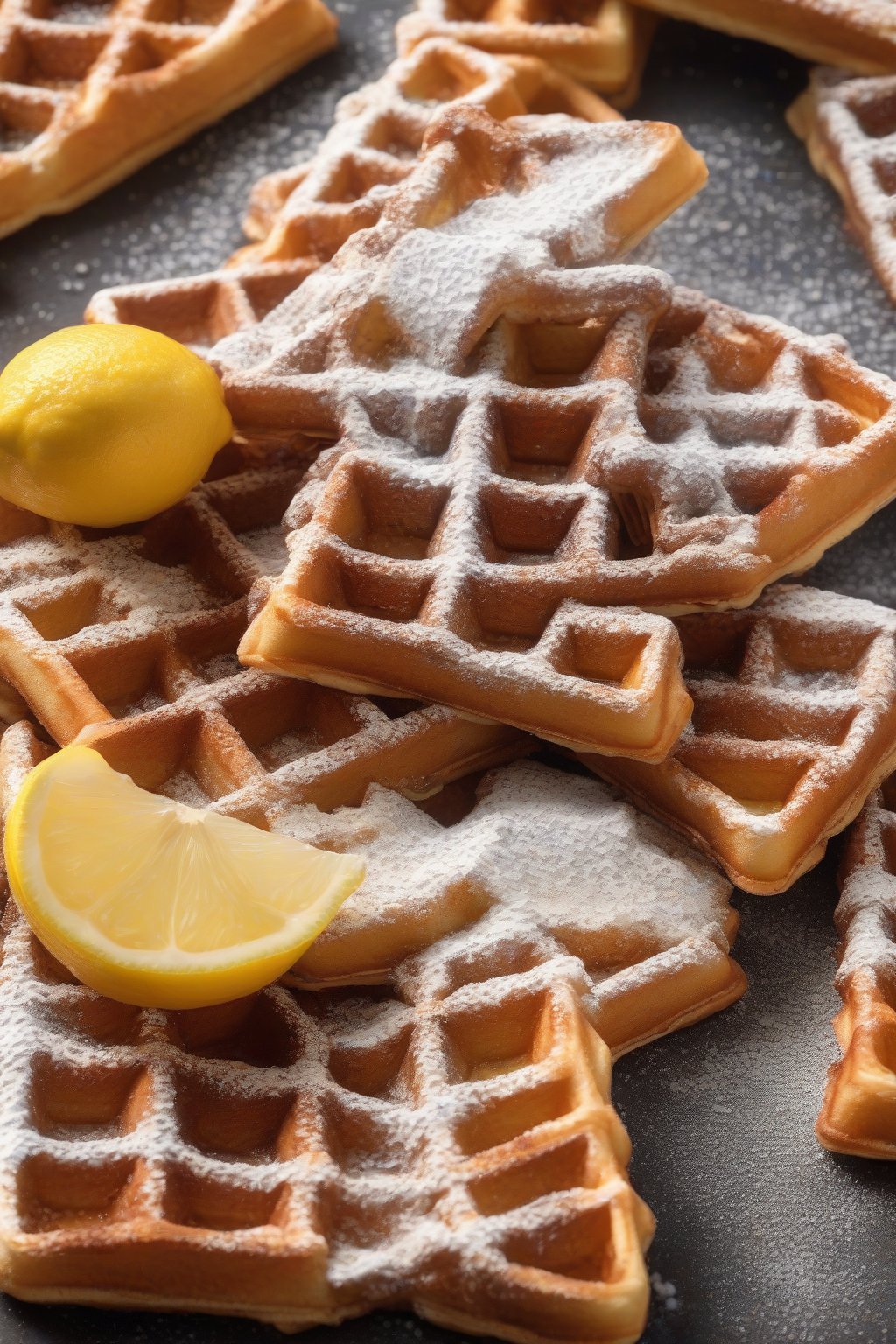 A high-resolution photo of sunny lemon poppy seed Belgian waffles with powdered sugar dusting, under soft lighting.