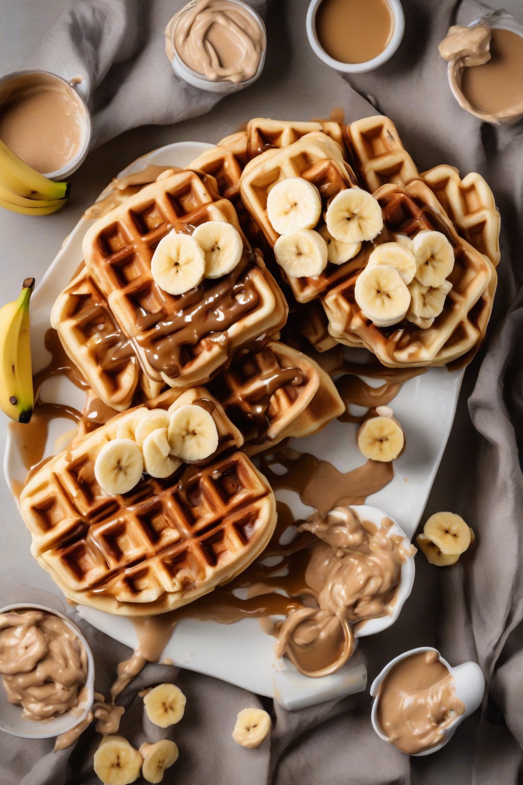 A high-resolution photo of fluffy PB Belgian waffles topped with banana slices and extra PB drizzle, under soft lighting.