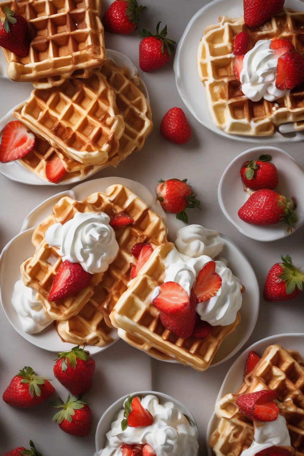 A high-resolution photo of Belgian waffles piled with fresh strawberries and whipped cream, under soft lighting.