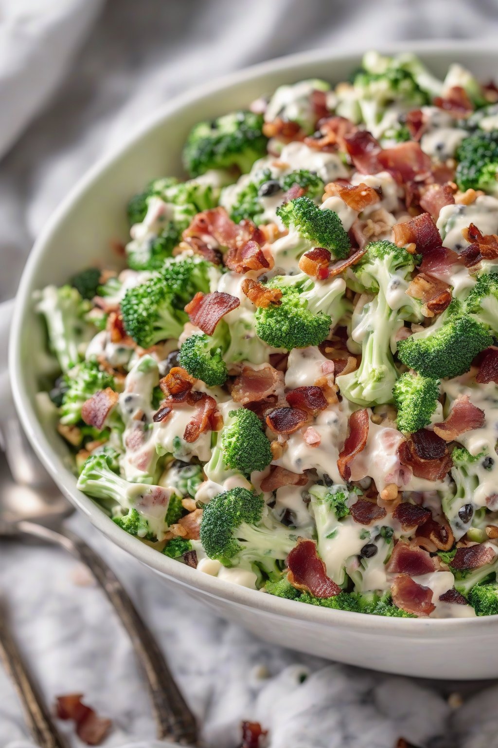 A high-resolution photo of classic creamy bacon broccoli salad in a white bowl, topped with bacon crumbles and raisins, under soft lighting.