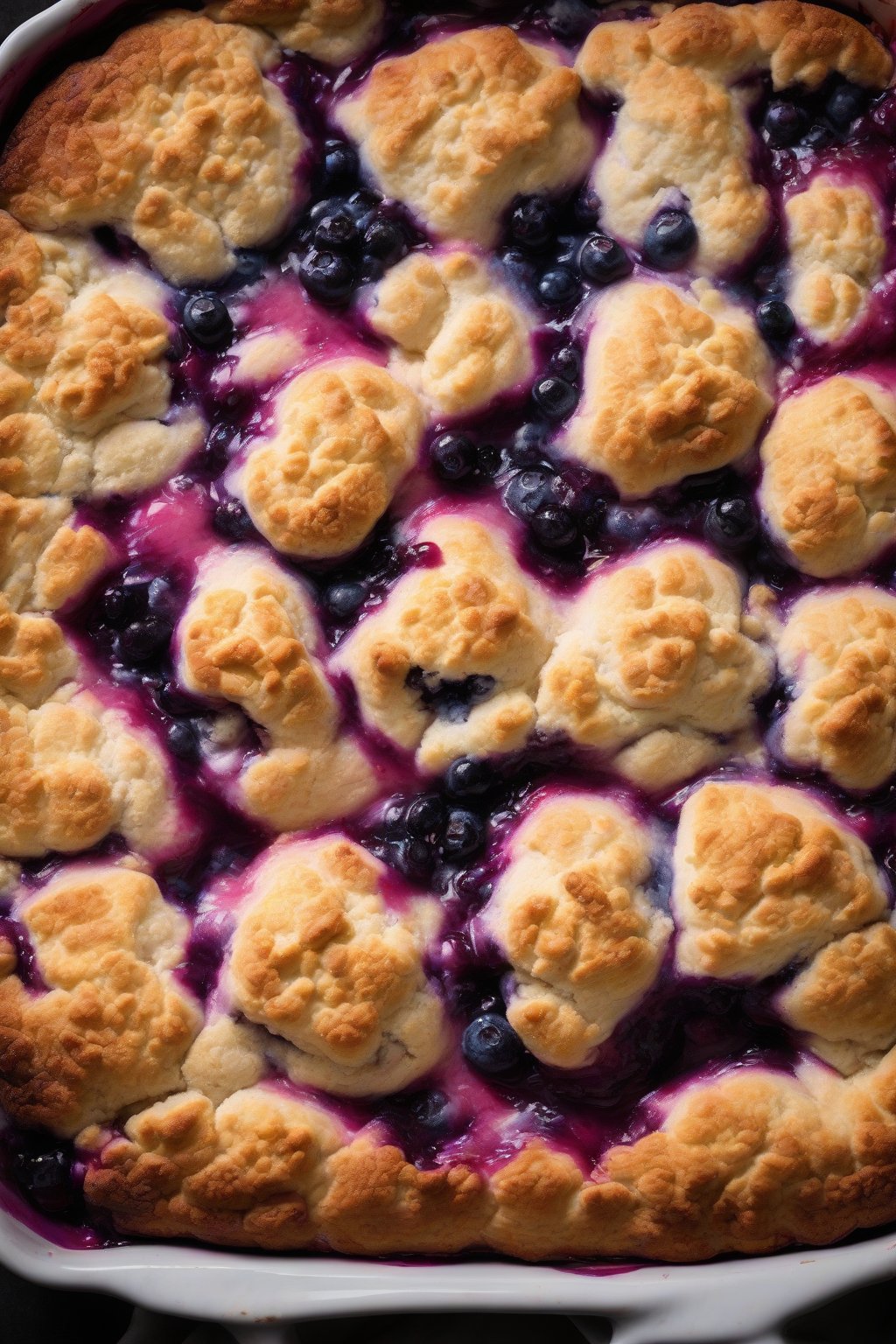 A high-resolution photo of peach blueberry cobbler with purple-blue streaks in the juicy filling and biscuit mounds, under soft lighting.