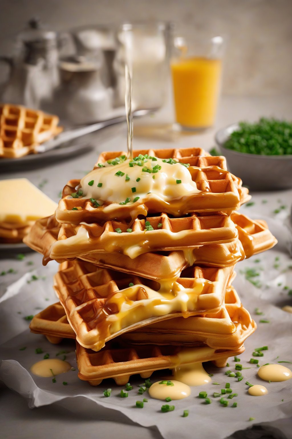 A high-resolution photo of golden cheesy Belgian waffles with melted cheese oozing, sprinkled with chives, under soft lighting.