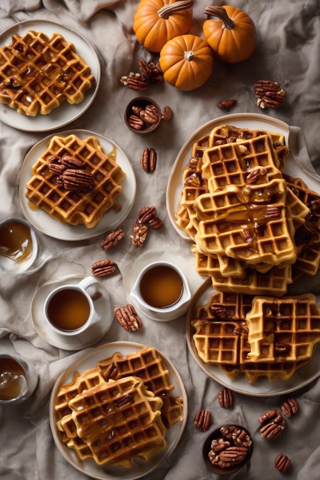 A high-resolution photo of pumpkin spice Belgian waffles with maple syrup and pecans, under soft lighting.