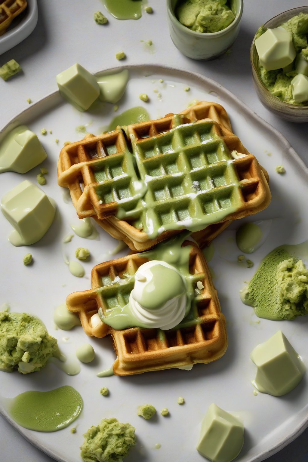 A high-resolution photo of green-tinted fluffy matcha Belgian waffles topped with white chocolate, under soft lighting.