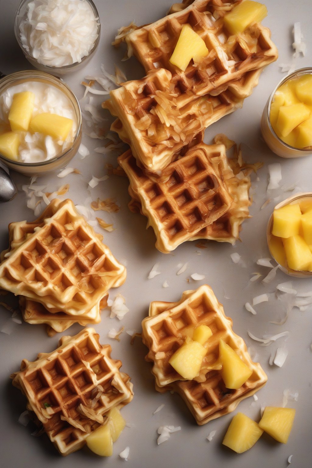 A high-resolution photo of coconut Belgian waffles with toasted shreds and pineapple, under soft lighting.