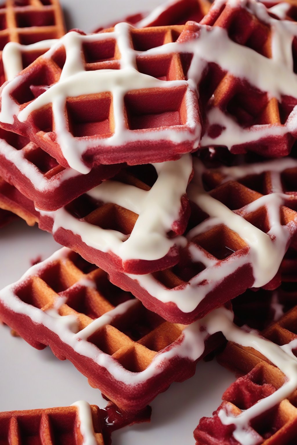 A high-resolution photo of red velvet Belgian waffles frosted thickly, under soft lighting.