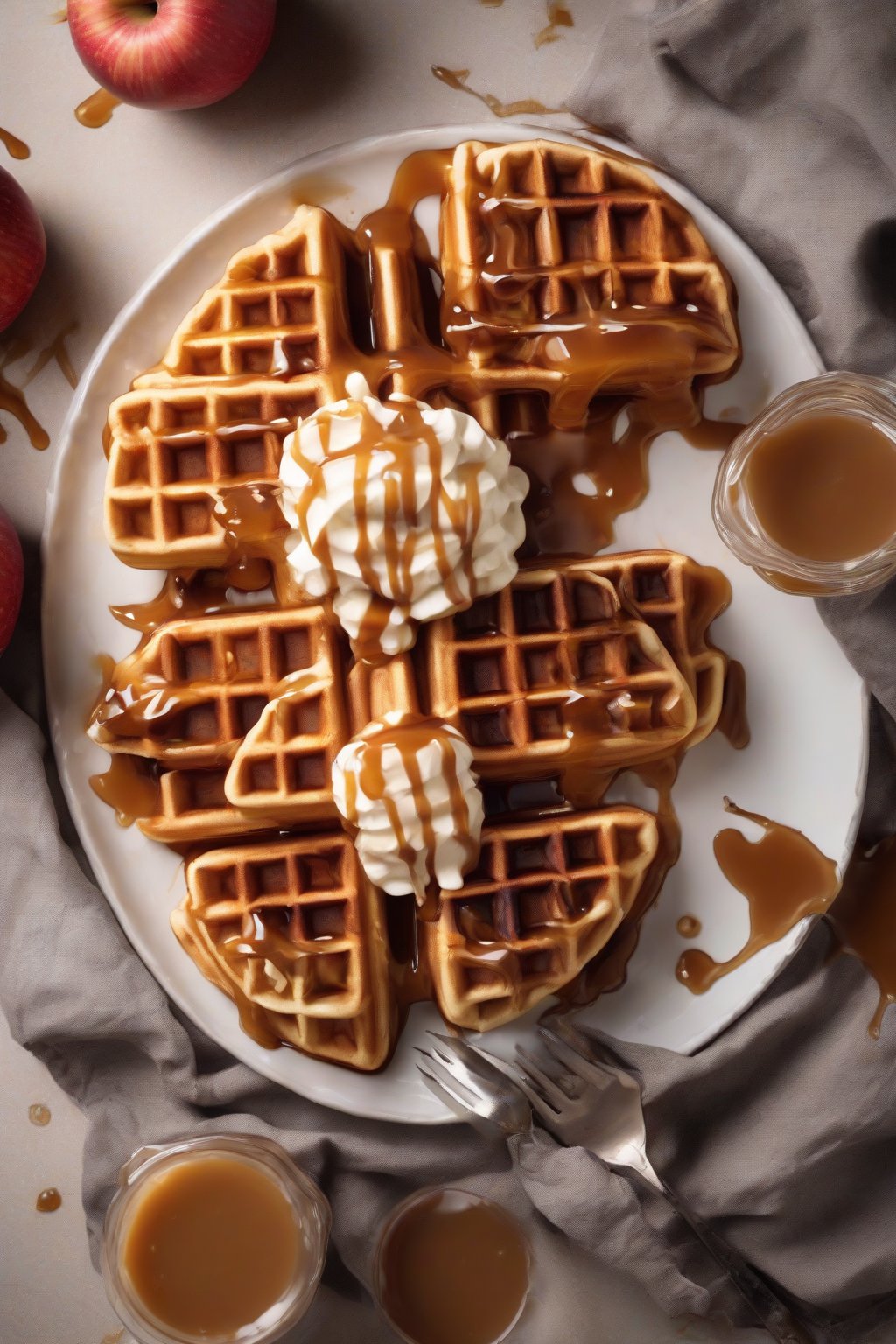 A high-resolution photo of apple cinnamon Belgian waffles with caramel drizzle, under soft lighting.