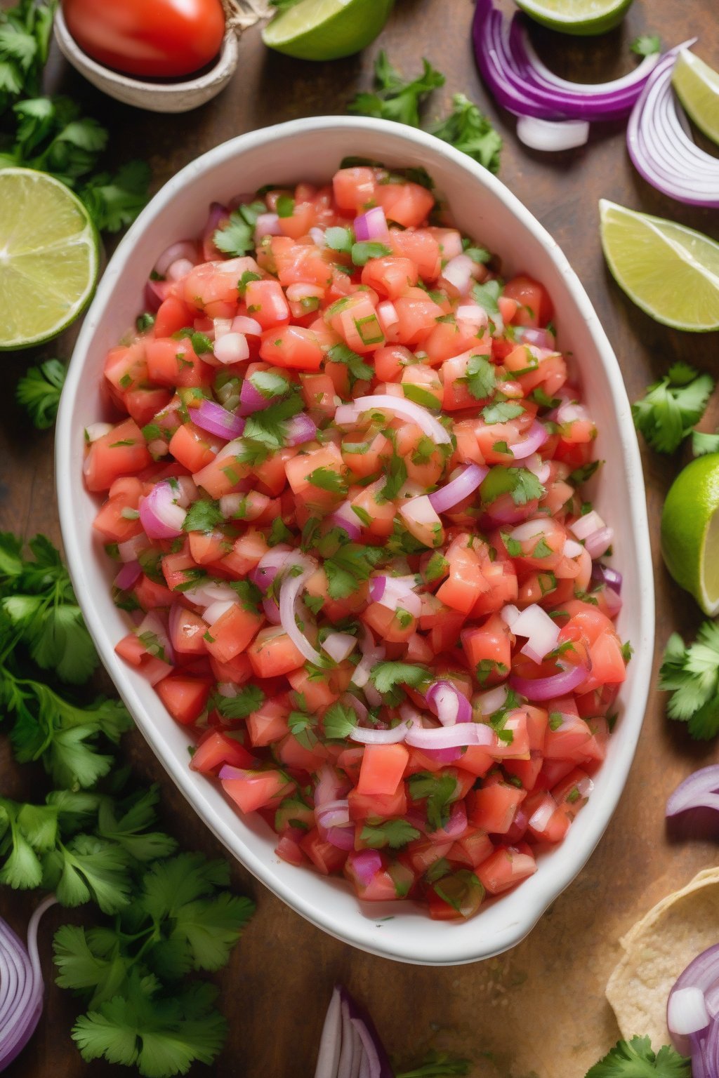 A high-resolution photo of a vibrant bowl of classic pico de gallo with diced tomatoes, onions, and cilantro, topped with lime wedges, under soft lighting.