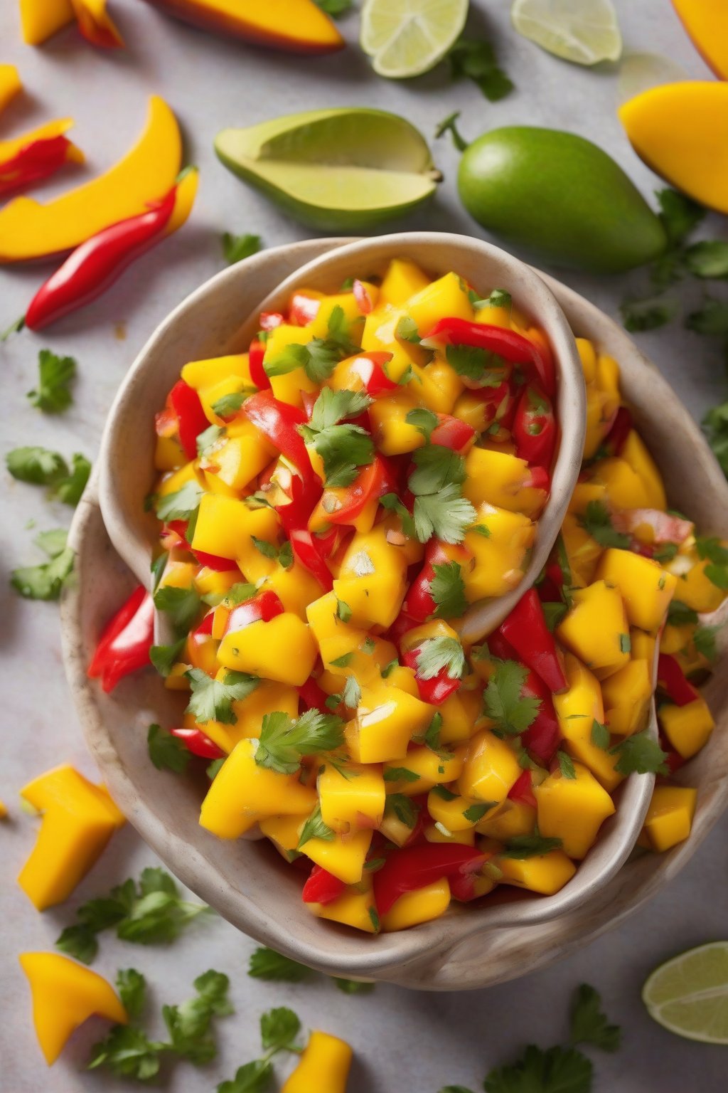 A high-resolution photo of sweet mango salsa in a colorful bowl, showing glossy mango chunks and red peppers, under soft lighting.
