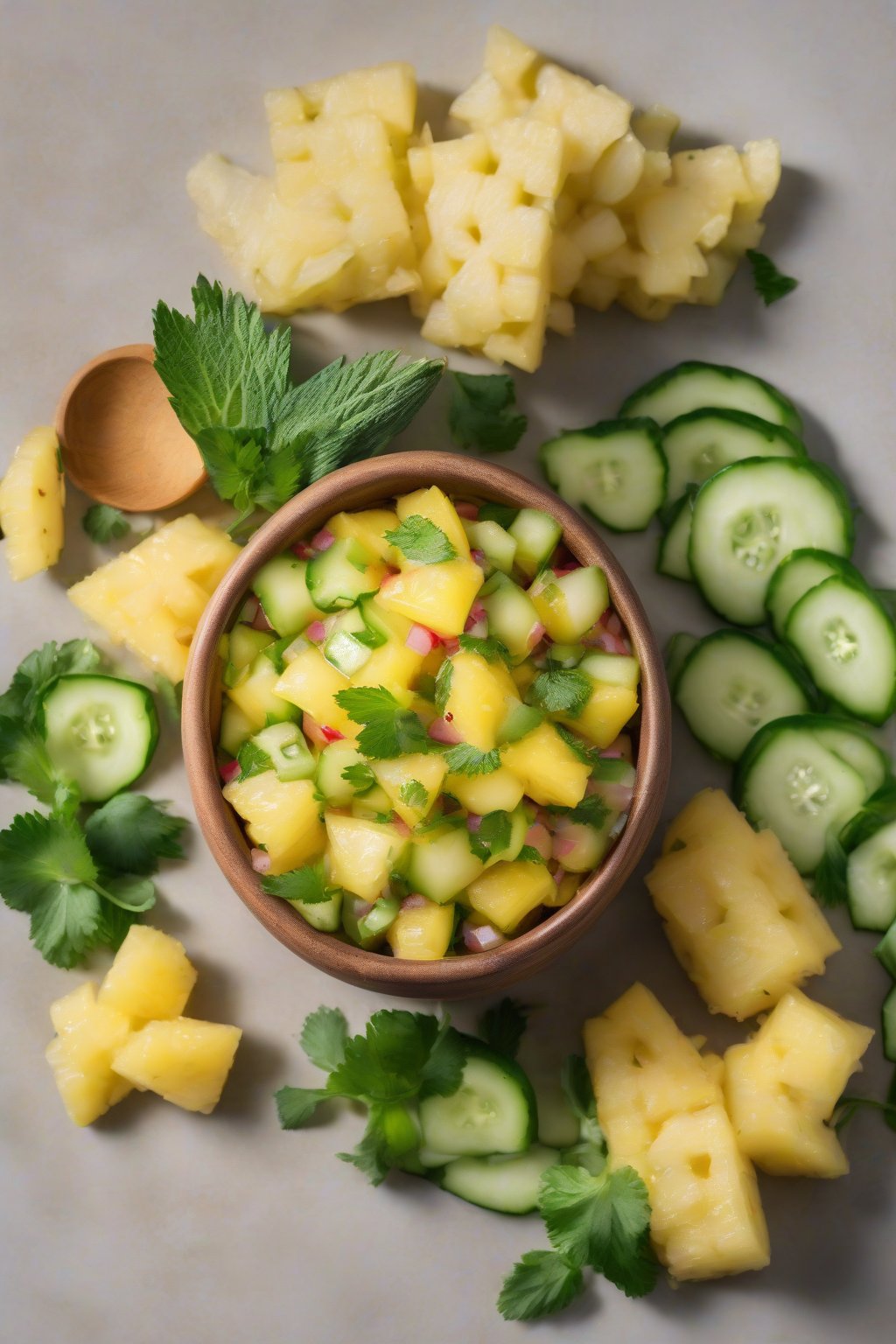 A high-resolution photo of tropical pineapple salsa brimming with golden pineapple pieces and green cucumber, garnished with mint, under soft lighting.