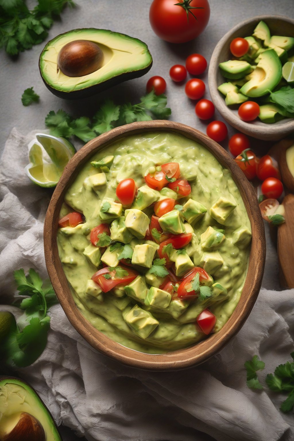 A high-resolution photo of creamy avocado salsa with chunks of green avocado and red tomatoes in a rustic bowl, under soft lighting.