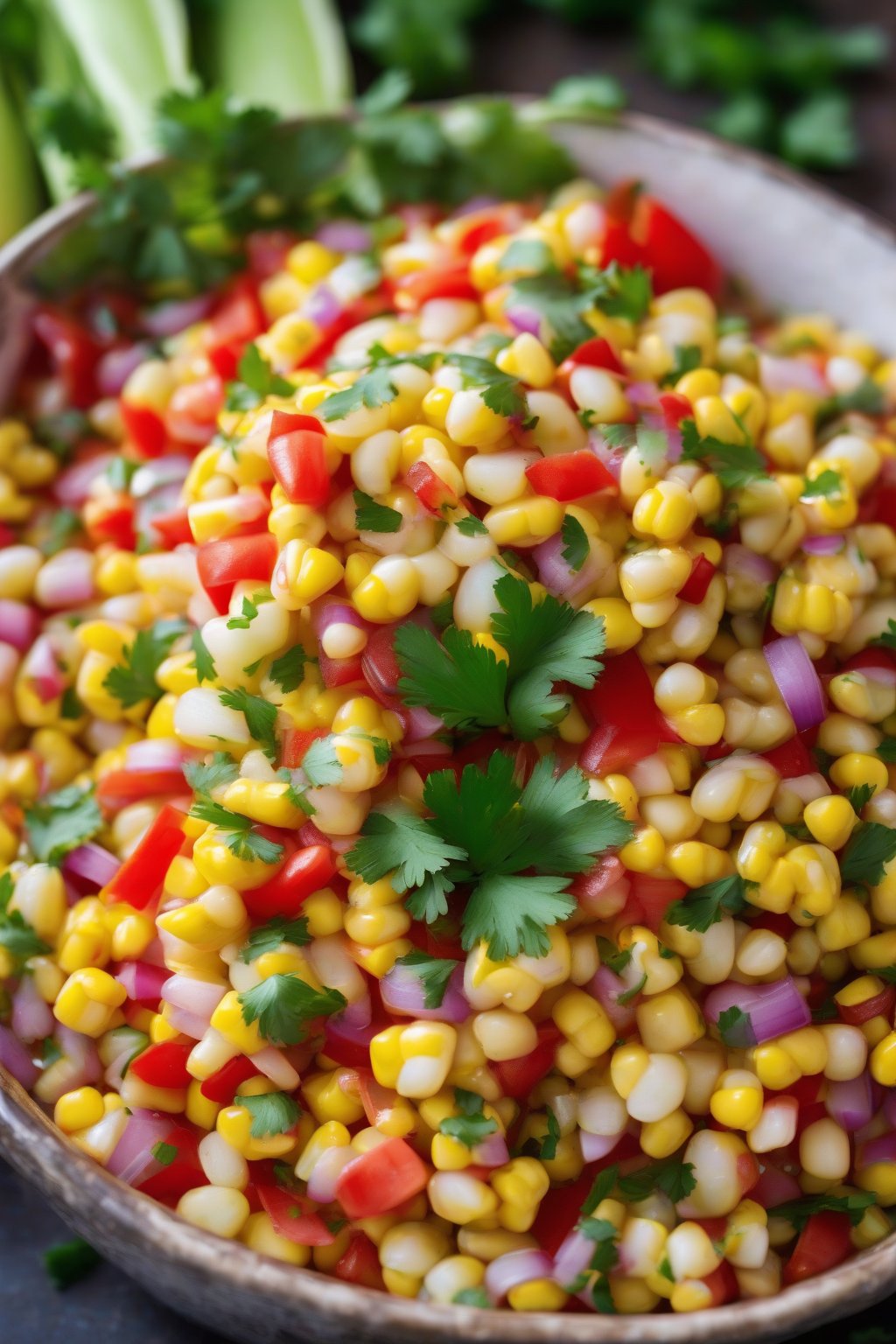 A high-resolution photo of fresh corn salsa overflowing with yellow kernels, red peppers, and cilantro, under soft lighting.