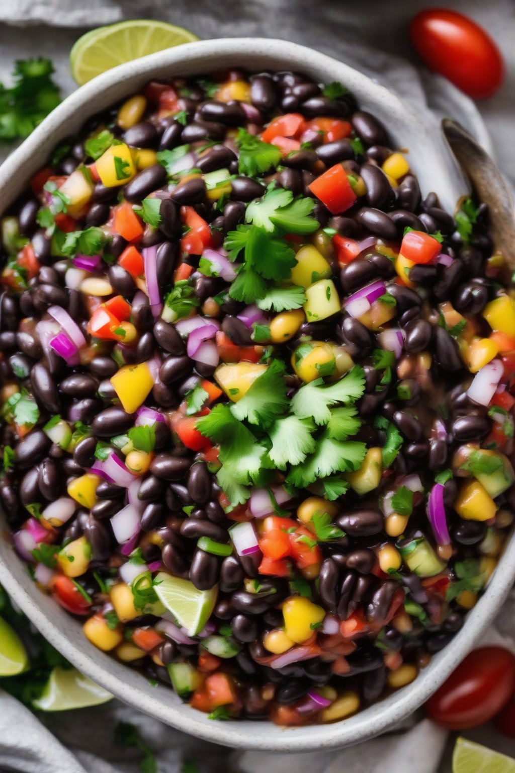 A high-resolution photo of hearty black bean salsa with shiny beans, colorful veggies, and lime drizzle, under soft lighting.