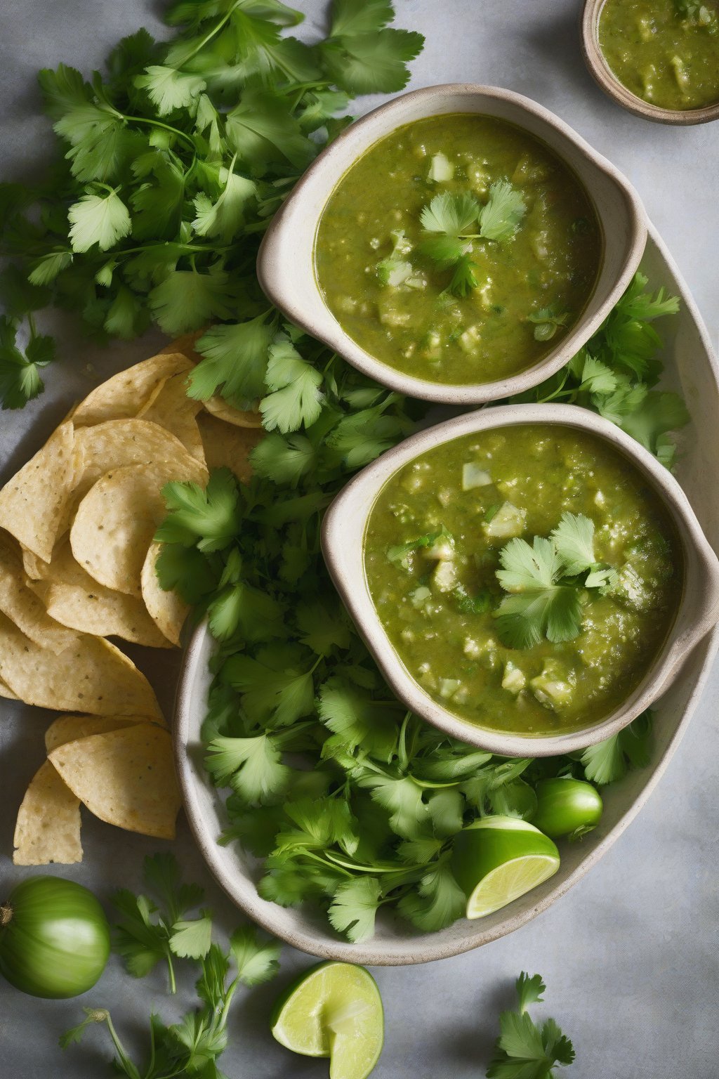 A high-resolution photo of zesty tomatillo salsa verde in a green bowl, with pale green chunks and cilantro sprigs, under soft lighting.