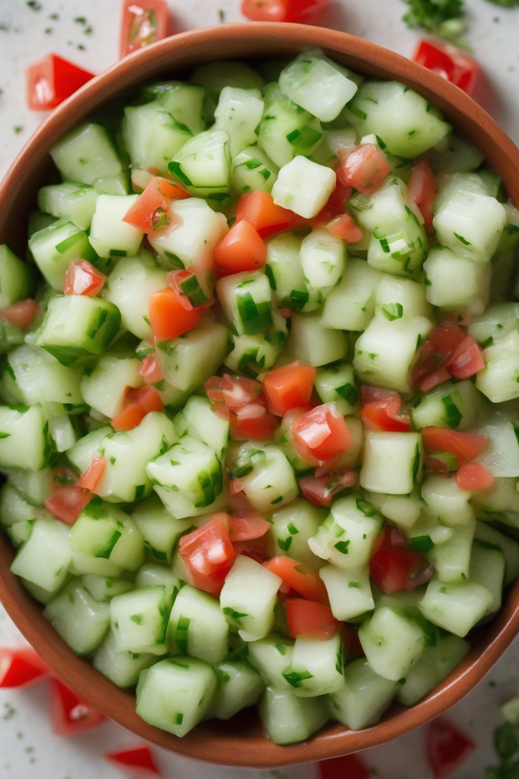 A high-resolution photo of refreshing cucumber salsa with pale green dices and red tomato accents, under soft lighting.
