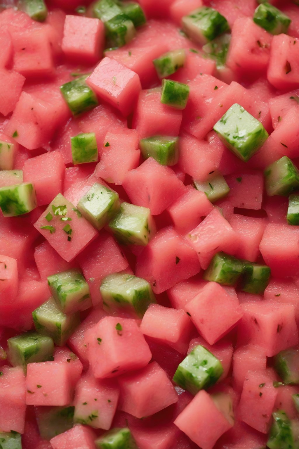 A high-resolution photo of summery watermelon salsa showing pink cubes and green flecks, under soft lighting.