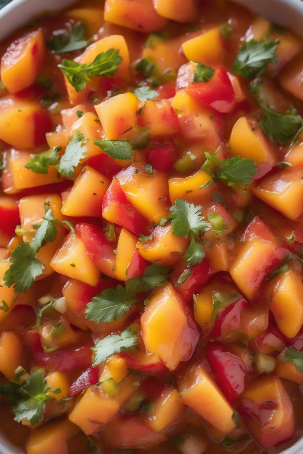 A high-resolution photo of peachy peach salsa with orange peach chunks and peppers, under soft lighting.
