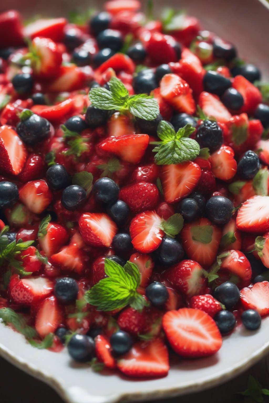 A high-resolution photo of berry strawberry salsa with red berries and green mint, under soft lighting.