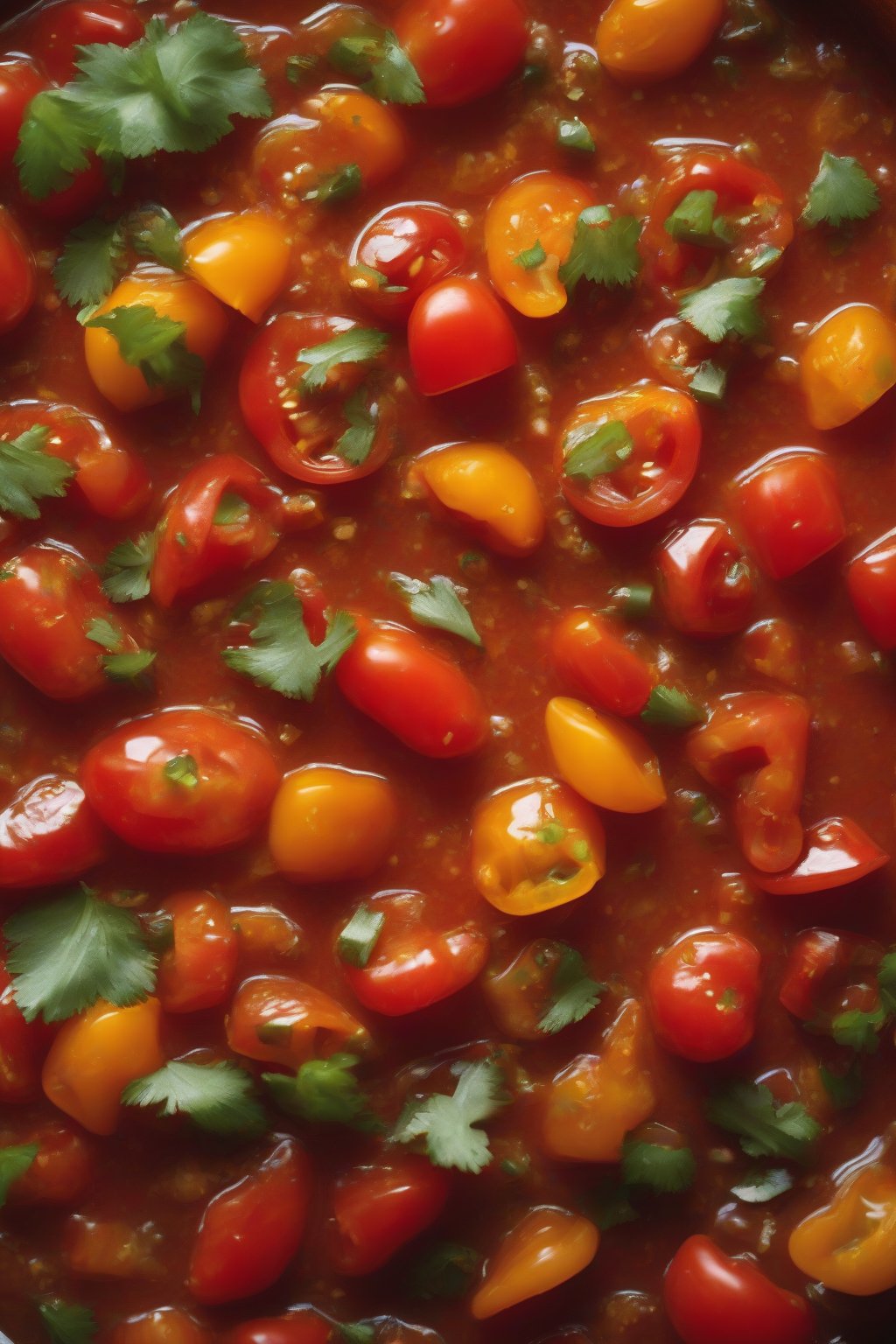 A high-resolution photo of fiery habanero salsa with bright red tomatoes and tiny orange peppers, under soft lighting.