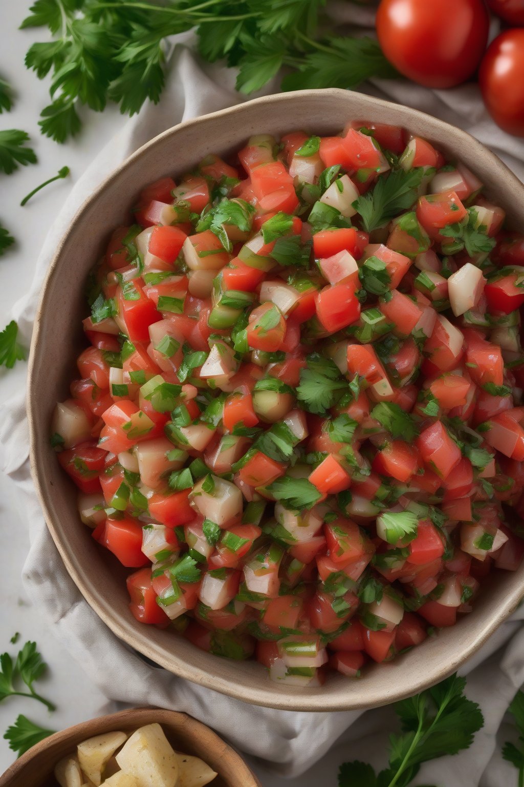 A high-resolution photo of garlic herb salsa piled high with green herbs and tomato chunks, under soft lighting.