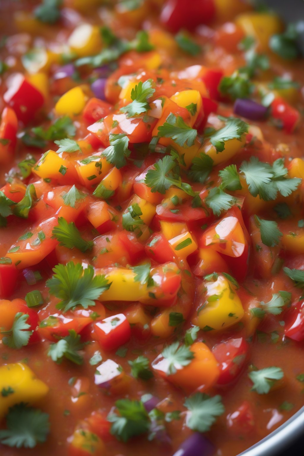 A high-resolution photo of bell pepper fiesta salsa with rainbow pepper dices and cilantro, under soft lighting.