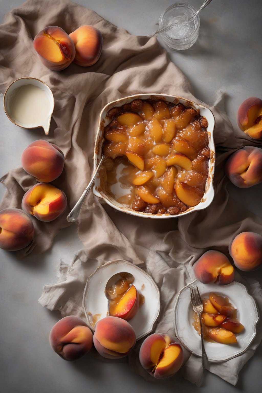 A high-resolution photo of bourbon peach cobbler with caramelized edges and syrupy bourbon-glazed peaches, under soft lighting.