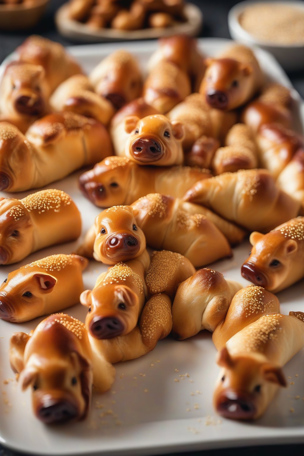 A high-resolution photo of golden mini pigs in a blanket on a white platter, garnished with sesame seeds, under soft lighting.