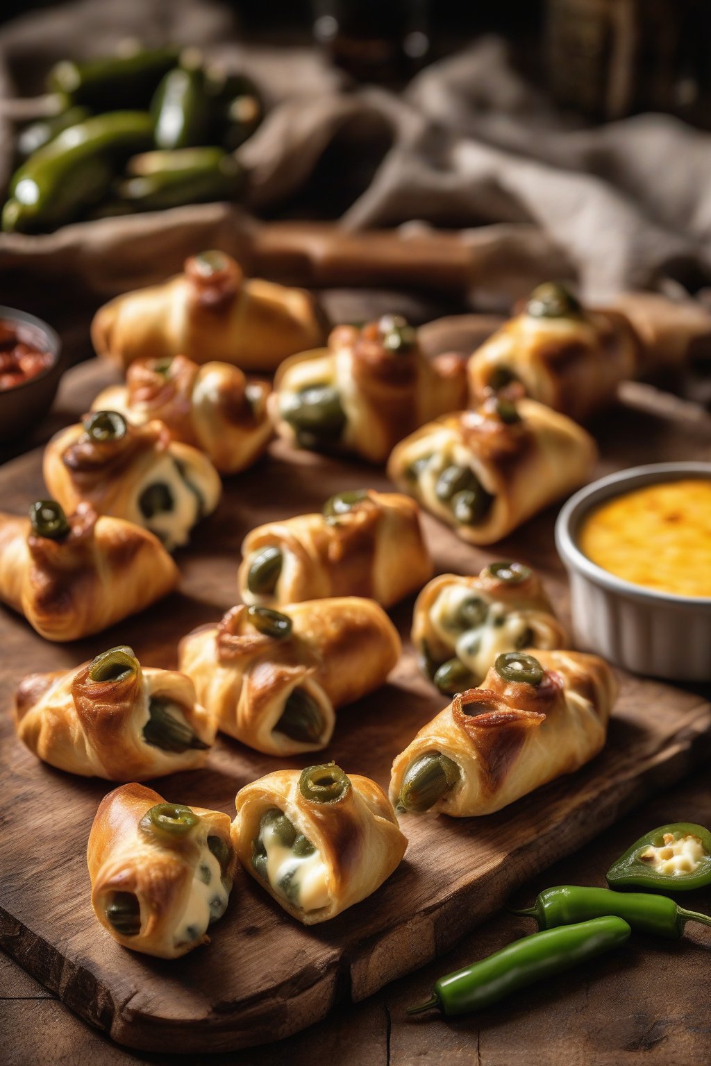 A high-resolution photo of spicy jalapeño popper pigs in a blanket oozing cheese, arranged on a rustic board, under soft lighting.