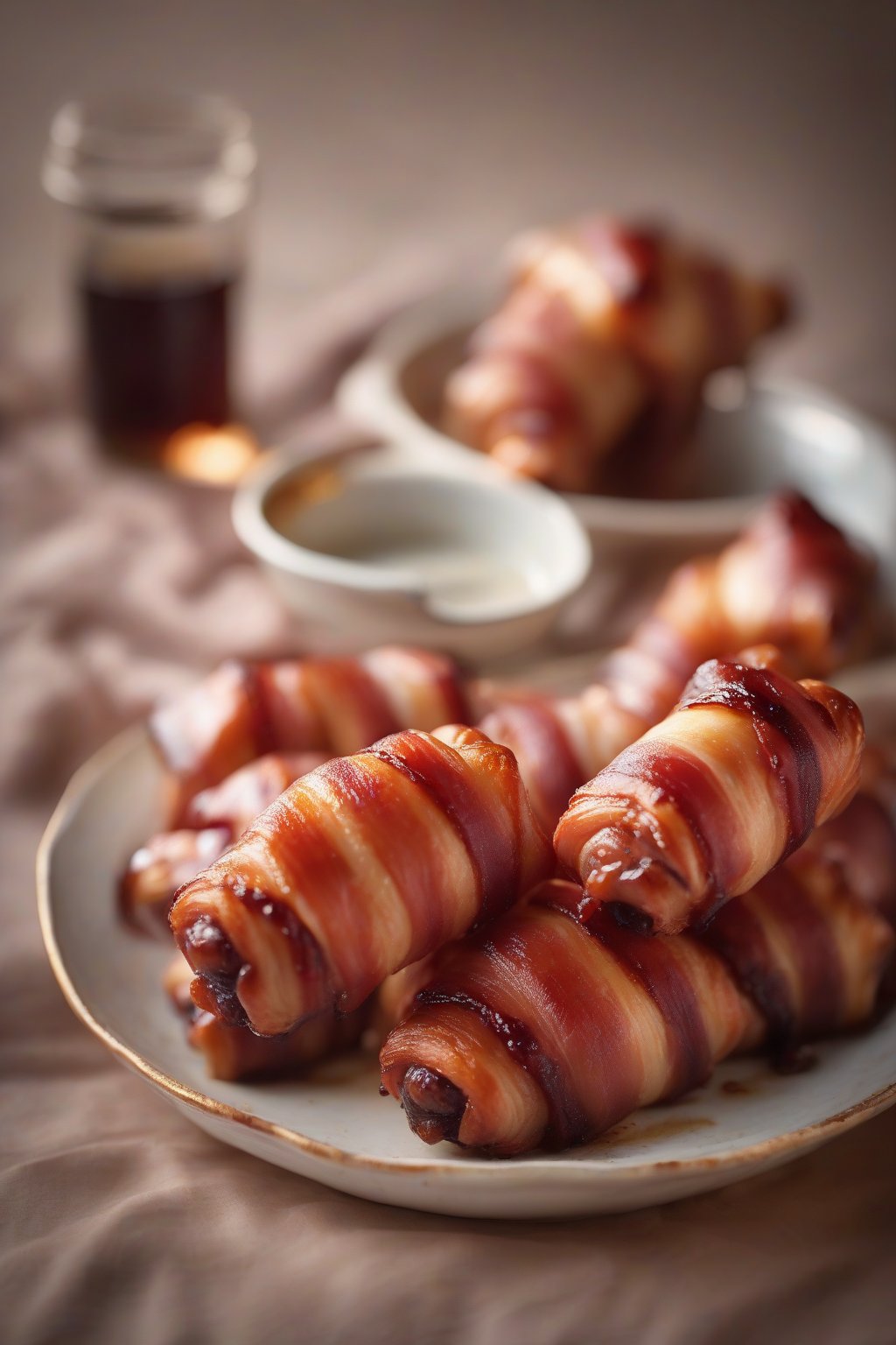 A high-resolution photo of bacon-wrapped pigs in a blanket glistening with maple syrup, stacked invitingly, under soft lighting.