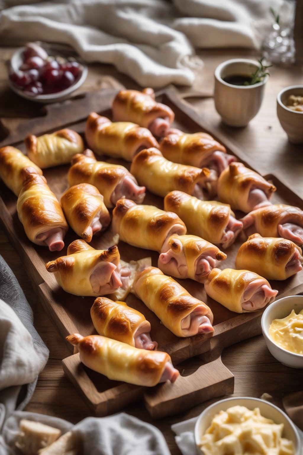 A high-resolution photo of cheese-stuffed pigs in a blanket with cheese pull, served on a wooden tray, under soft lighting.