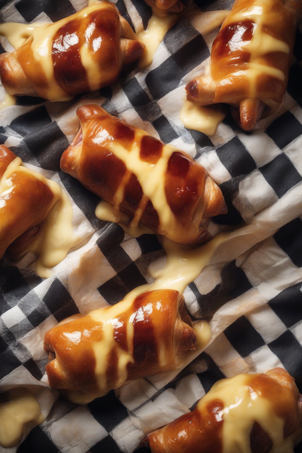A high-resolution photo of BBQ-glazed pigs in a blanket with melty cheese, on a checkered napkin, under soft lighting.