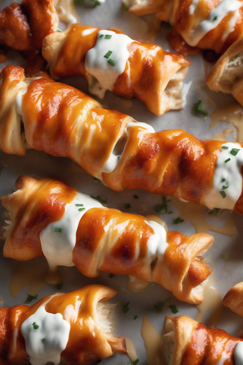 A high-resolution photo of buffalo chicken pigs in a blanket drizzled with ranch, piled high, under soft lighting.