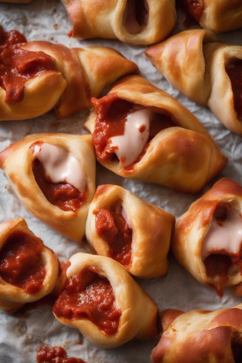 A high-resolution photo of pizza-style pigs in a blanket sliced open revealing pepperoni, with sauce dip, under soft lighting.