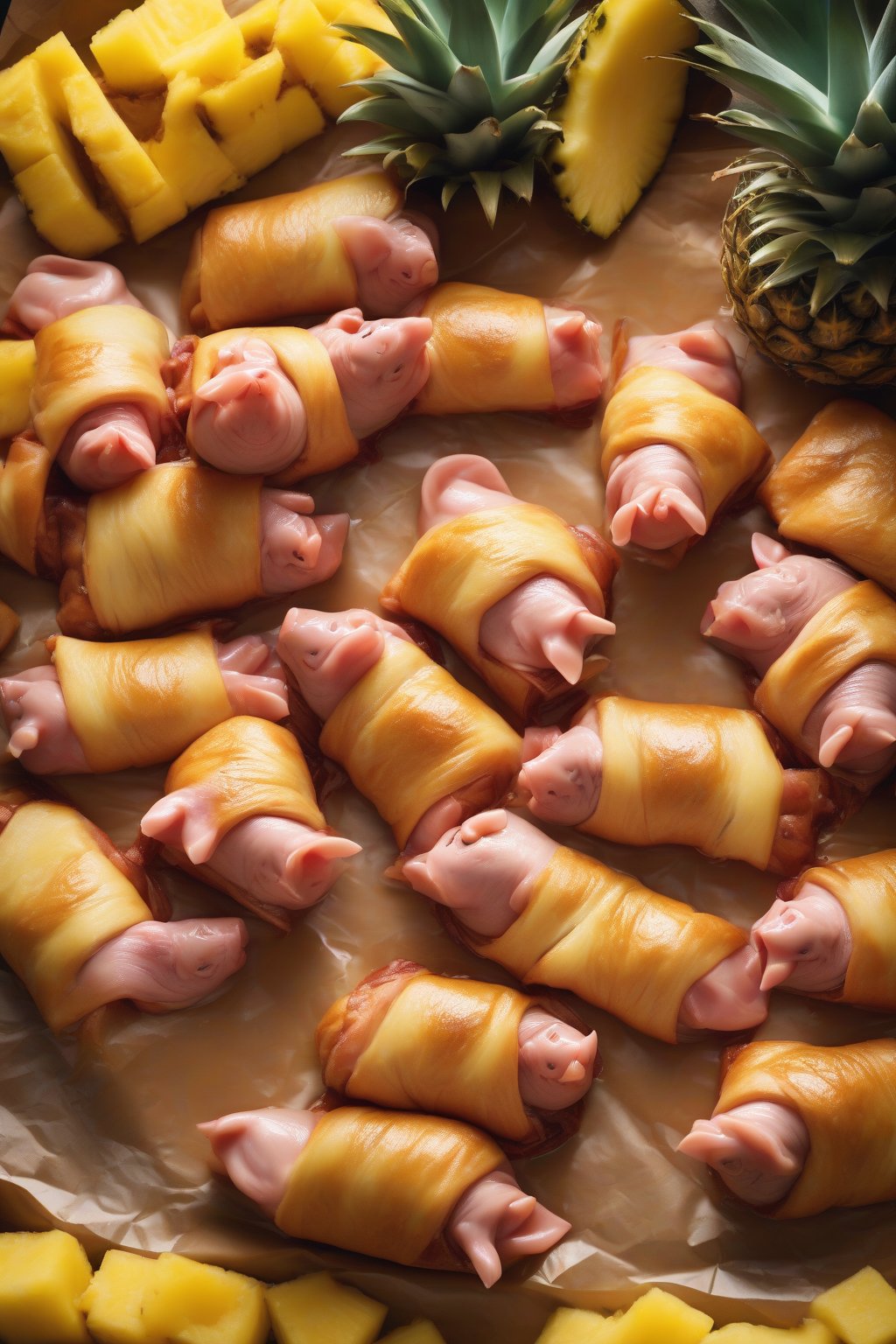 A high-resolution photo of Hawaiian pigs in a blanket topped with pineapple, vibrant and glossy, under soft lighting.