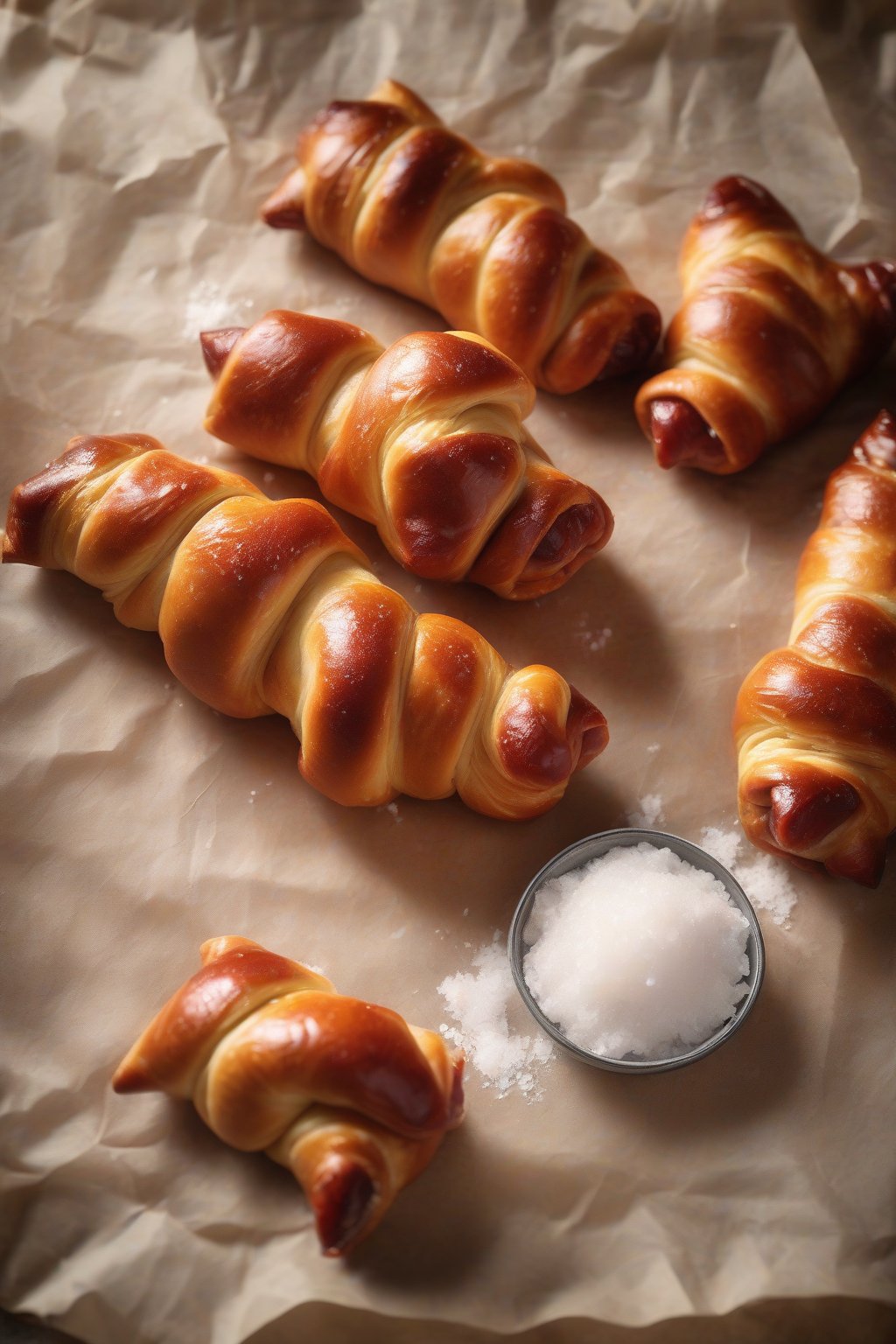 A high-resolution photo of shiny pretzel-wrapped pigs in a blanket with coarse salt, on parchment, under soft lighting.