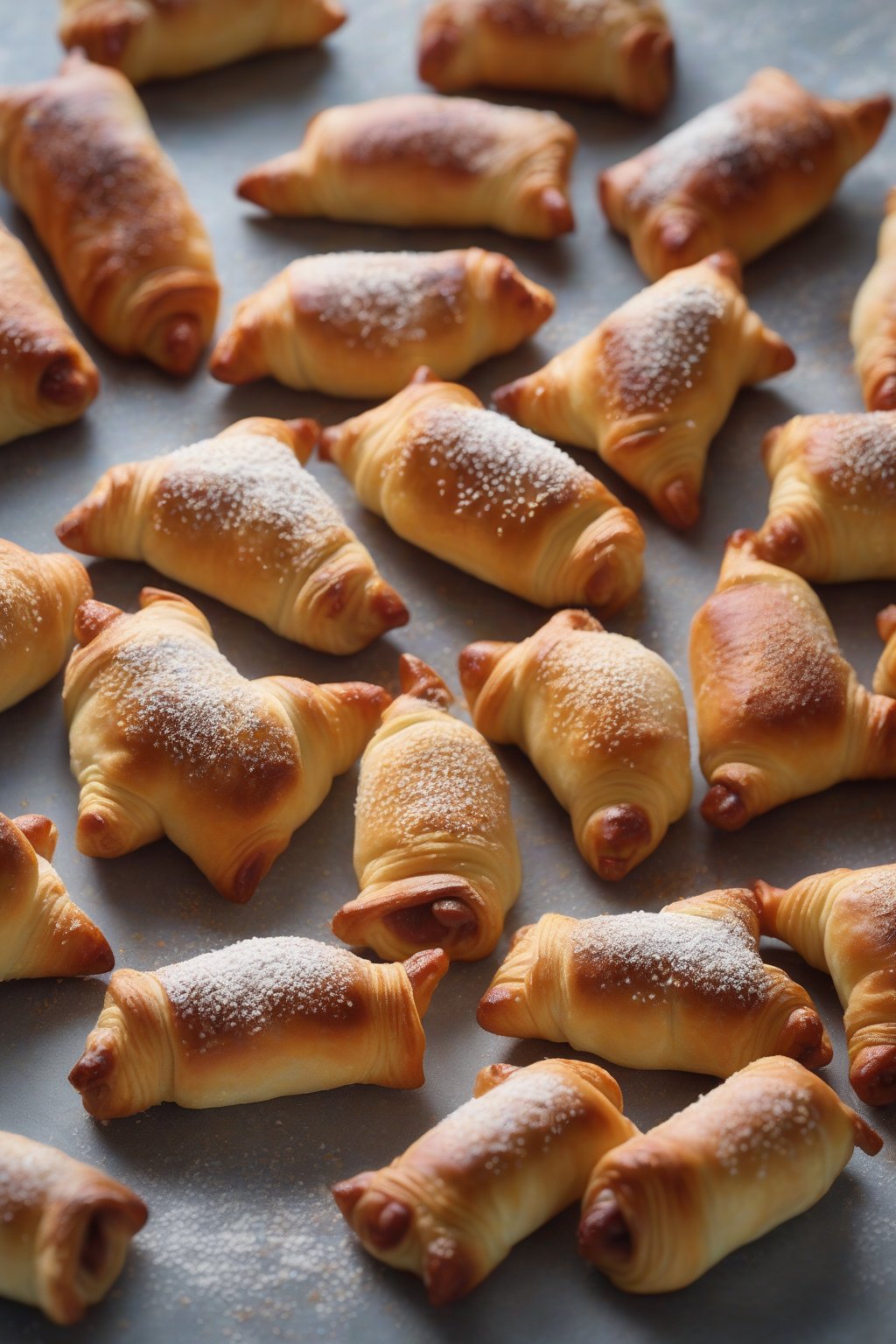 A high-resolution photo of puffed pastry pigs in a blanket dusted with seasoning, elegantly plated, under soft lighting.
