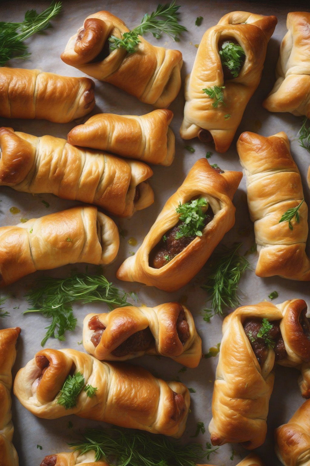 A high-resolution photo of vegan pigs in a blanket with golden crust, fresh herbs garnish, under soft lighting.