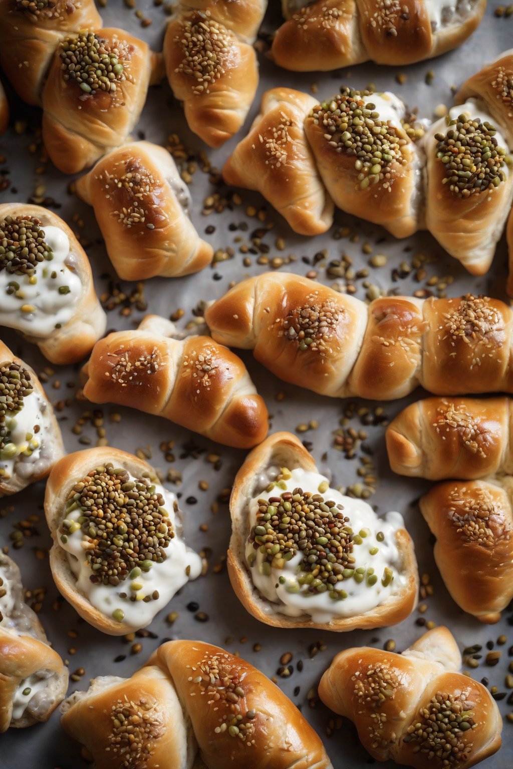 A high-resolution photo of everything bagel pigs in a blanket with seeds cascading, beside dip, under soft lighting.