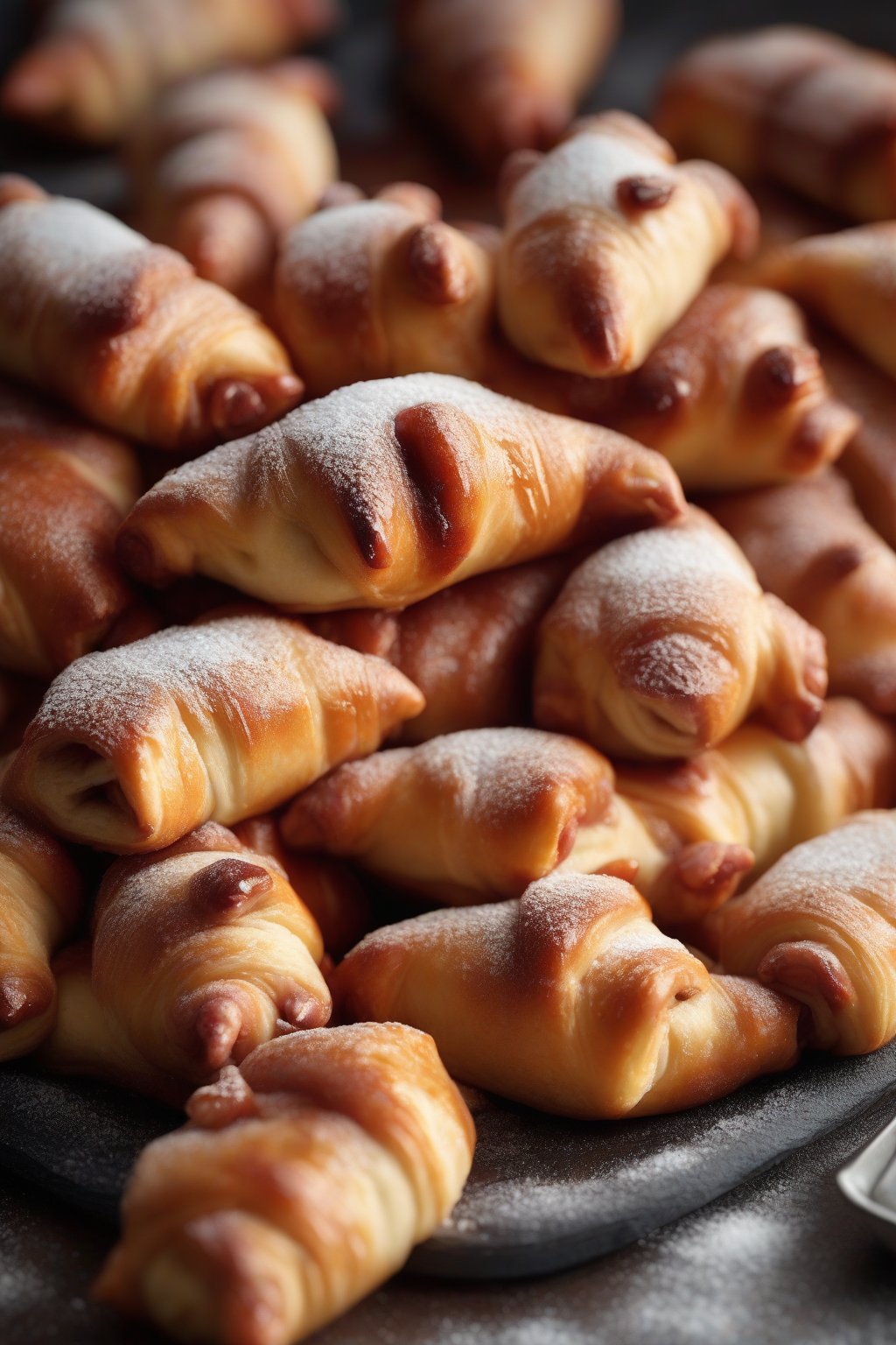 A high-resolution photo of maple-drizzled breakfast pigs in a blanket dusted with sugar, cozy stack, under soft lighting.