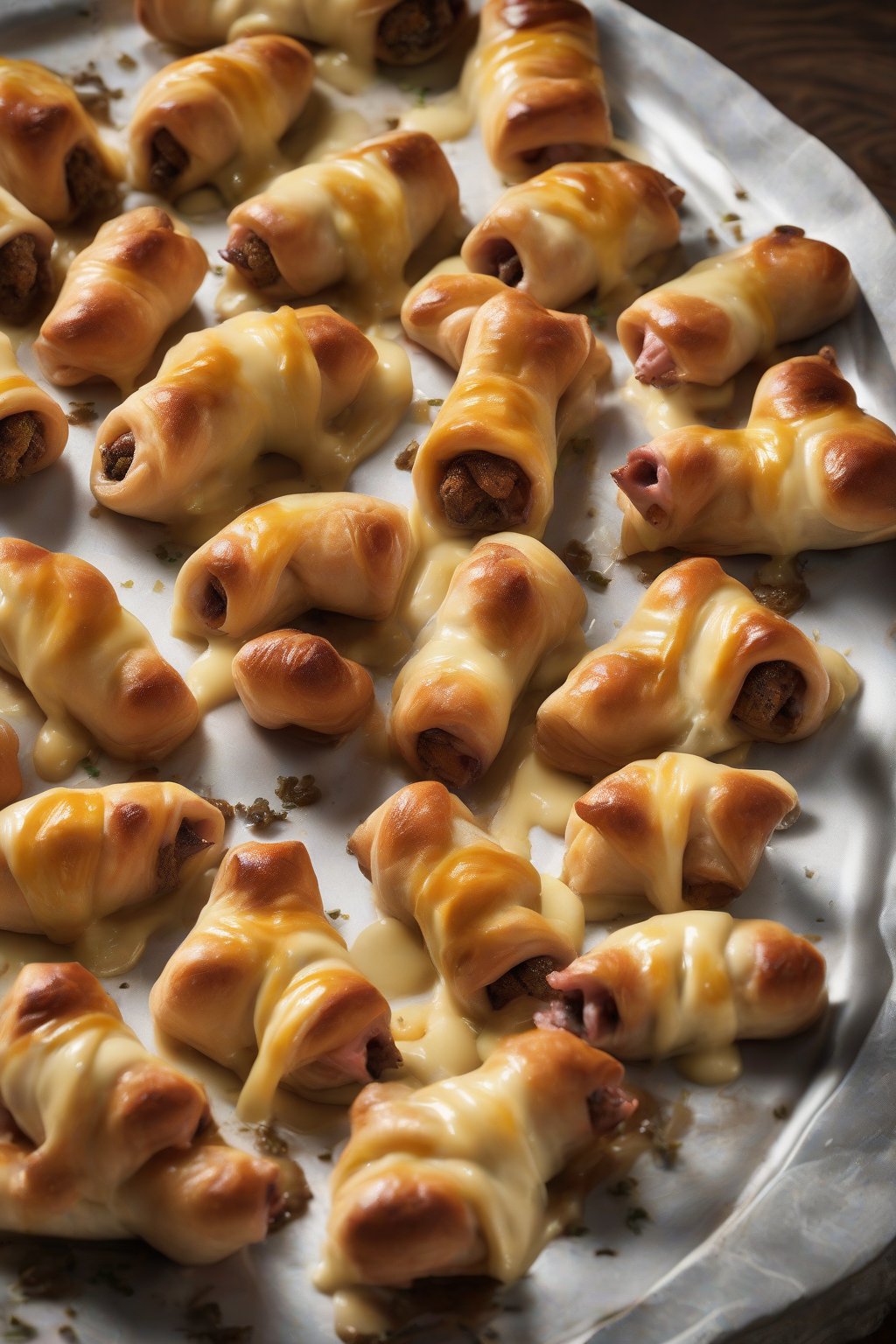 A high-resolution photo of truffle mac pigs in a blanket with cheesy ooze, sophisticated plating, under soft lighting.