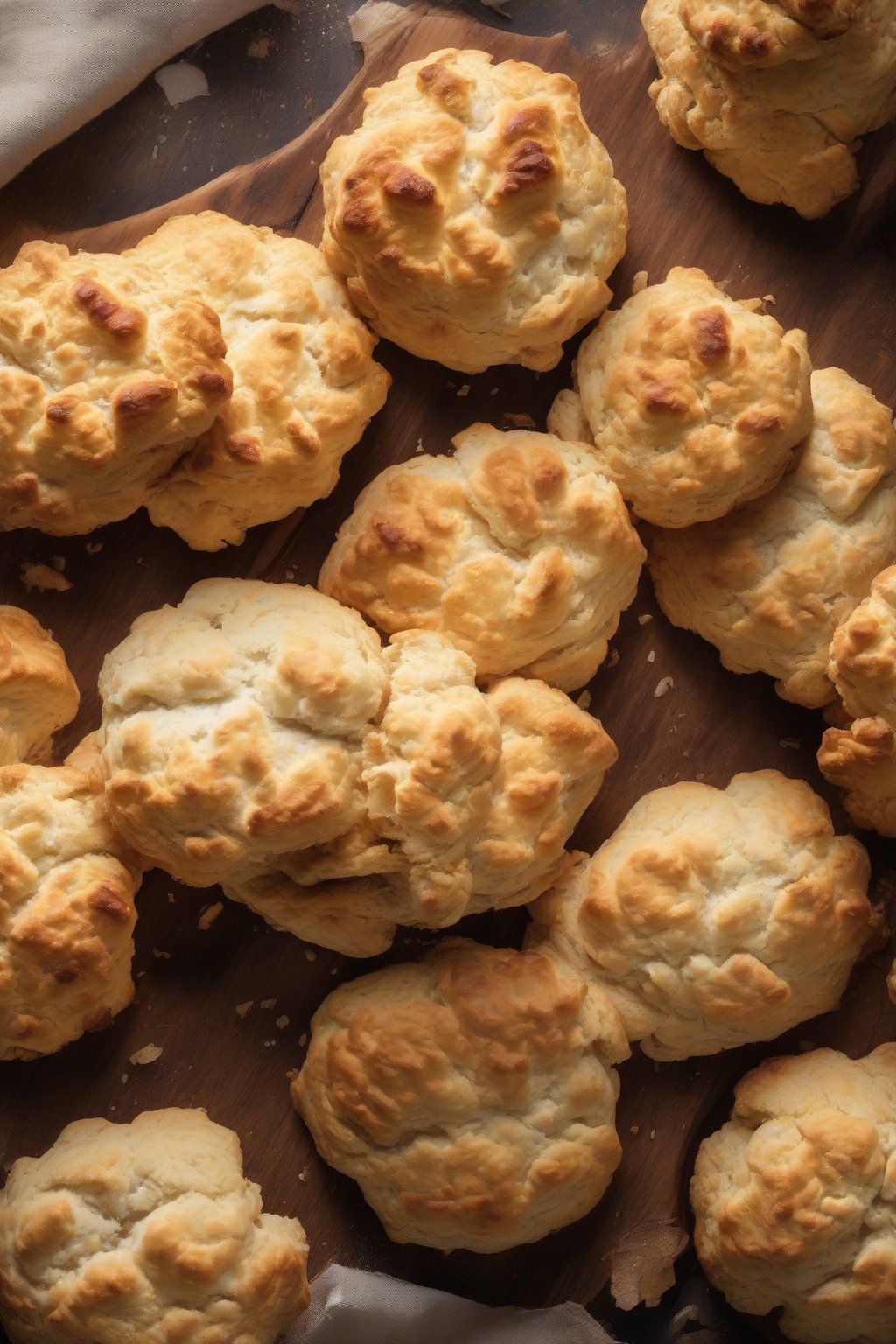 A high-resolution photo of golden, flaky classic drop biscuits piled on a rustic wooden board under soft lighting.